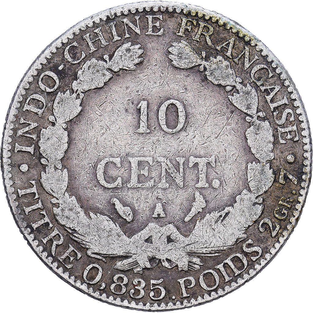 French Indochina, 10 Cents, 1908, MDP, Silver, VF(20-25), KM:9