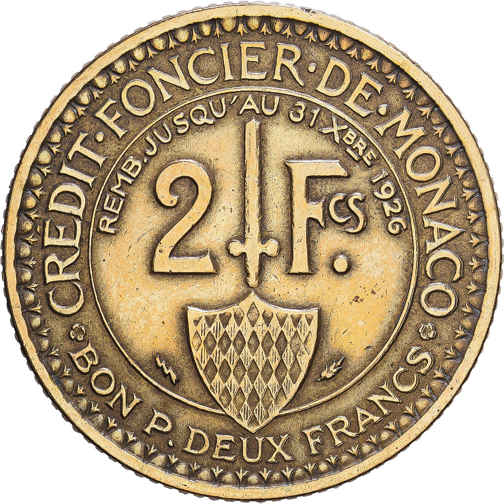 Monaco, Louis II, 2 Francs, Crédit foncier de Monaco, 1924, Poissy