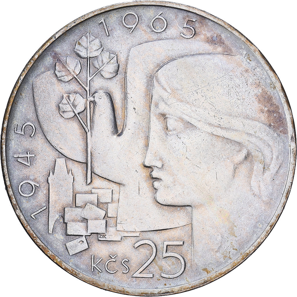 Tschechoslowakei, 25 Korun, 20th Anniversary - Liberation, 1965, Silber, SS+