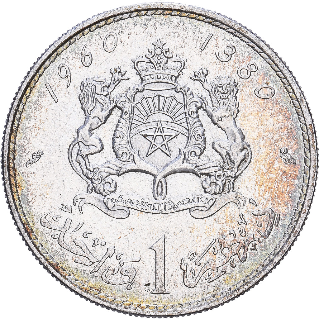 Marokko, Mohammed V, 1 Dirham, 1960 / AH 1380, MDP, Zilver, ZF+