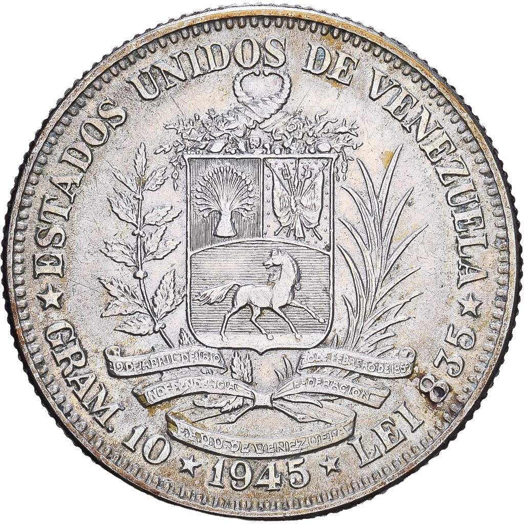 Venezuela, 2 Bolivares, 1945, Philadelphia, Argento, BB+