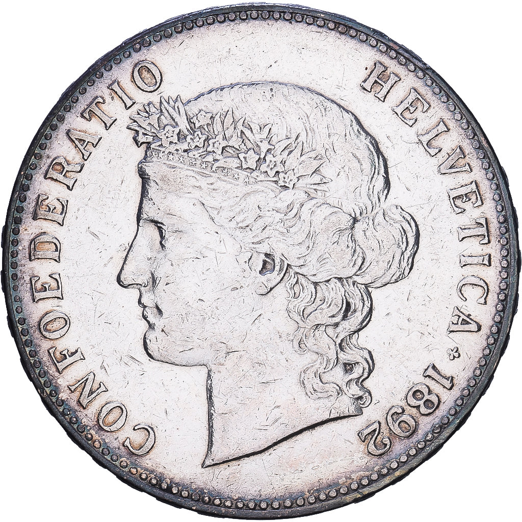 Switzerland, 5 Francs, Helvetia, 1892, Bern, Silver, EF(40-45), KM:34