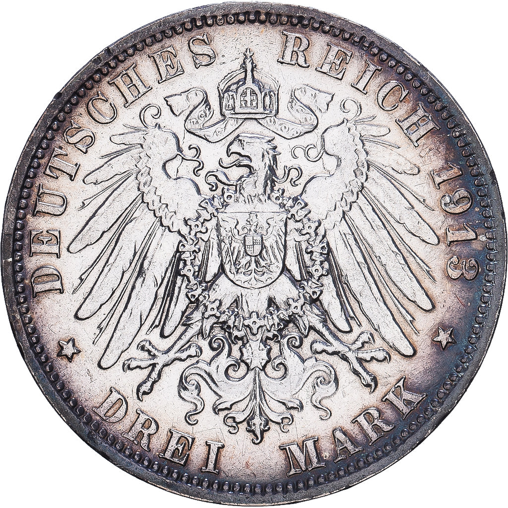 Kingdom of Saxony, 3 Mark, Battle of Leipzig, 1913, Muldenhütten, Srebro