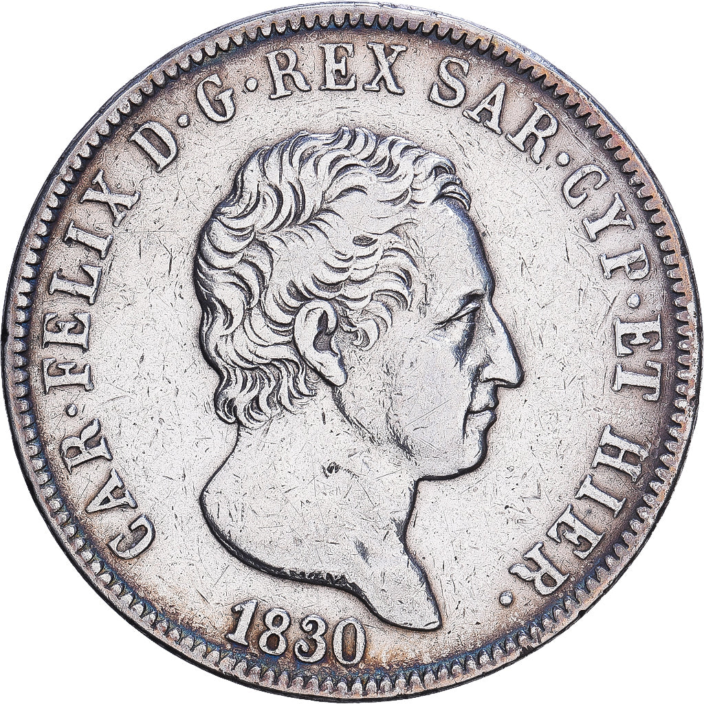 Kingdom of Sardinia, Charles-Félix, 5 Lire, 1830, Torino, Zilver, FR+, KM:116
