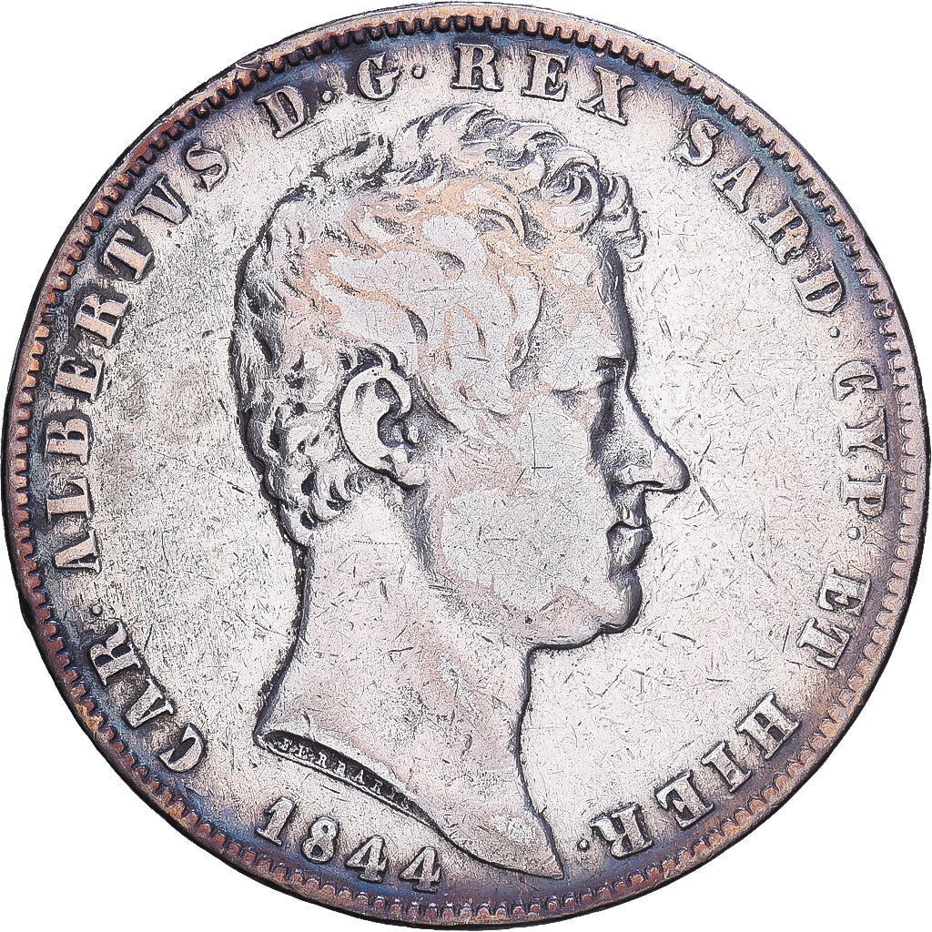 Kingdom of Sardinia, Charles-Albert, 5 Lire, 1844, Genoa, Zilver, FR
