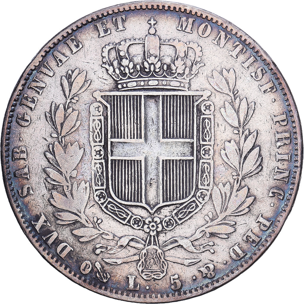 Kingdom of Sardinia, Charles-Albert, 5 Lire, 1844, Genoa, Zilver, FR
