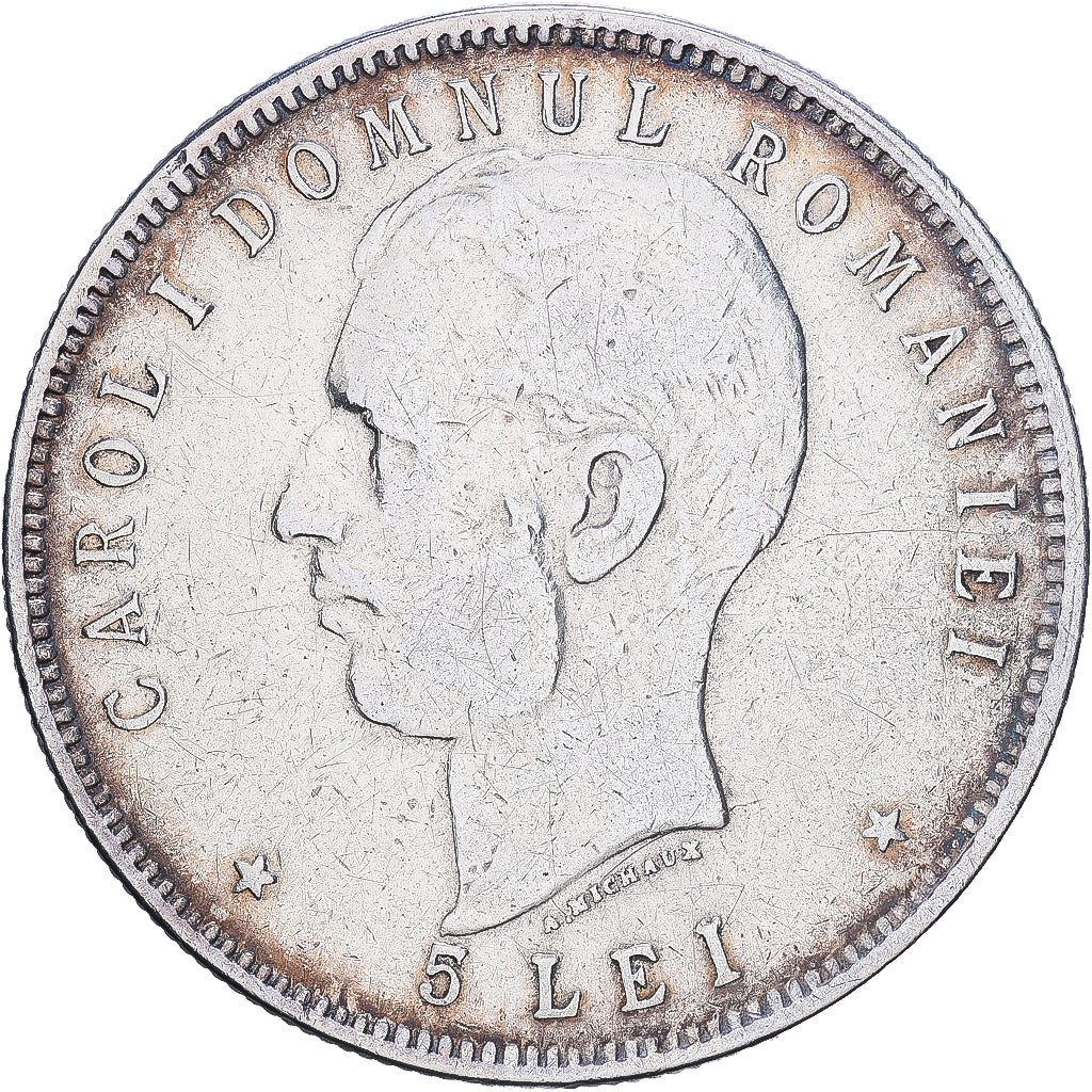 Romania, Carol I, 5 Lei, 40th Anniversary of the Reign, 1906, Brussels, Silver
