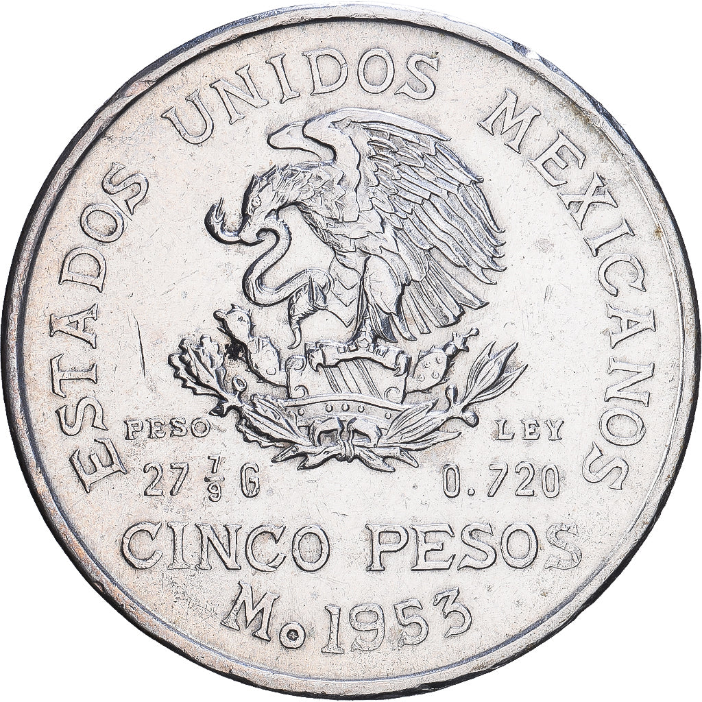 Messico, 5 Pesos, Hidalgo, 1953, Mexico City, Argento, BB+, KM:468