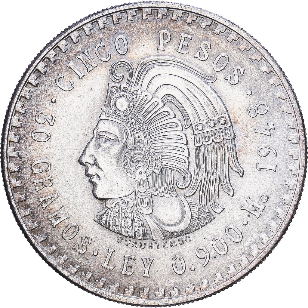 México, 5 Pesos, Cuauhtemoc, 1948, Mexico City, Prata, AU(55-58), KM:465