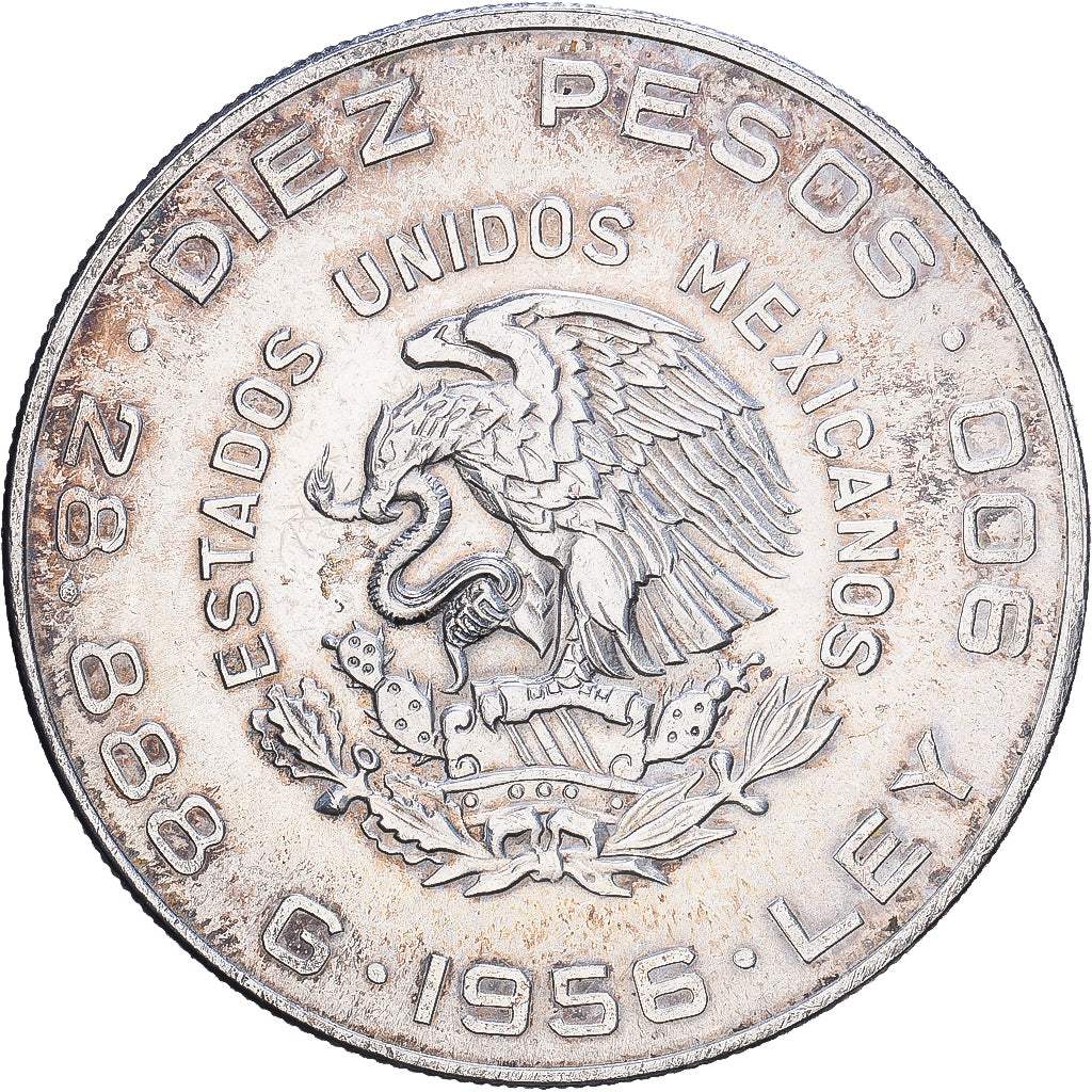 México, 10 Pesos, Hidalgo, 1956, Mexico City, Plata, MBC+, KM:474