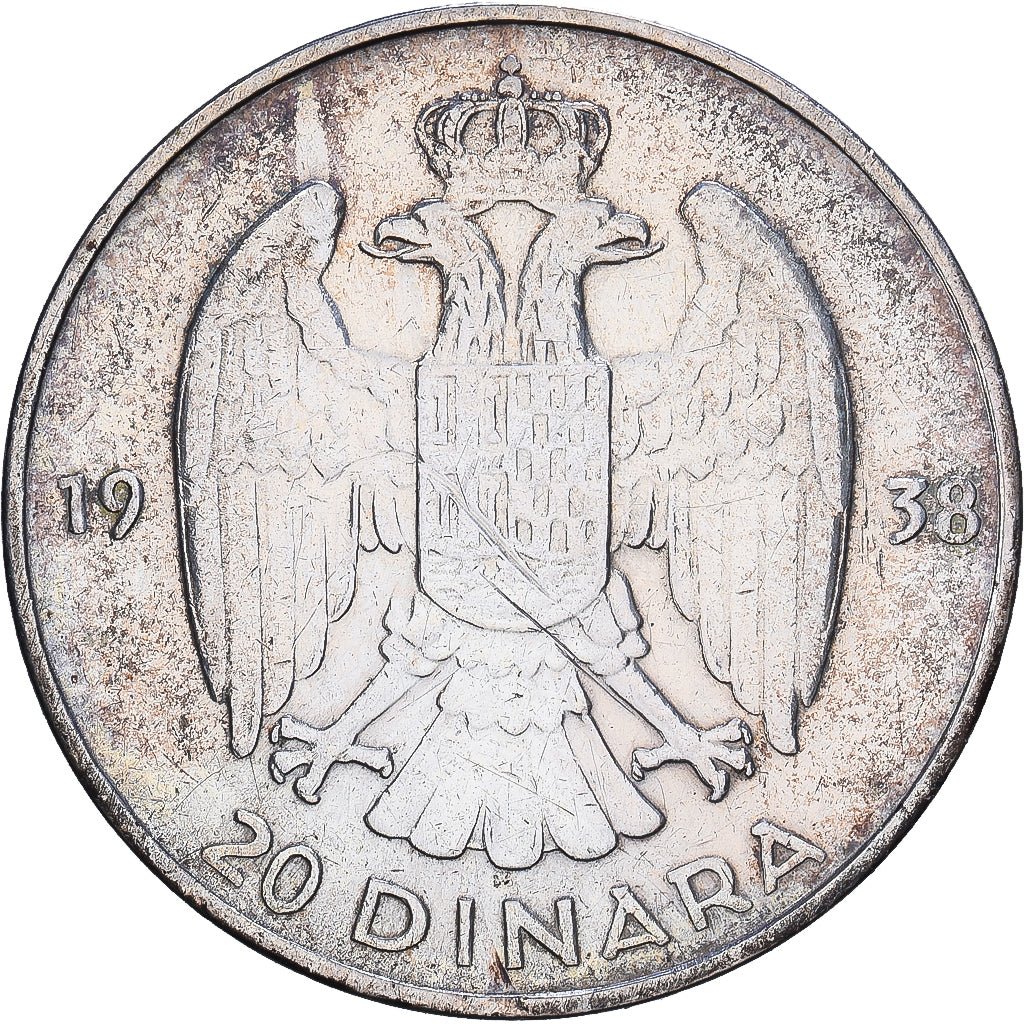 Jugoslávia, Petar II, 20 Dinara, 1938, Belgrade, Prata, VF(20-25), KM:23