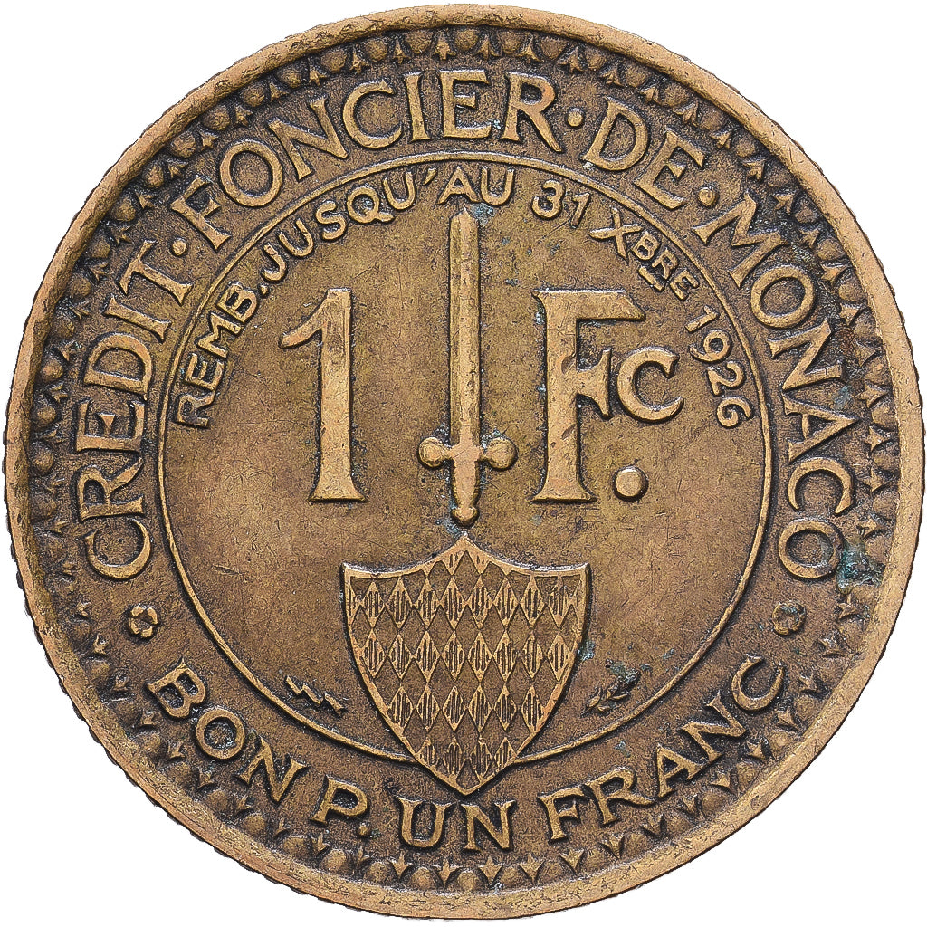 Monaco, Louis II, 1 Franc, 1924, Poissy, Cupro-Aluminium, EF(40-45)