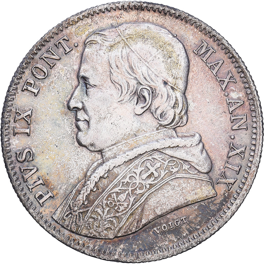 Papal States, Pius IX, 20 Baiocchi, 1865, Rome, Silver, AU(50-53), KM:1360a
