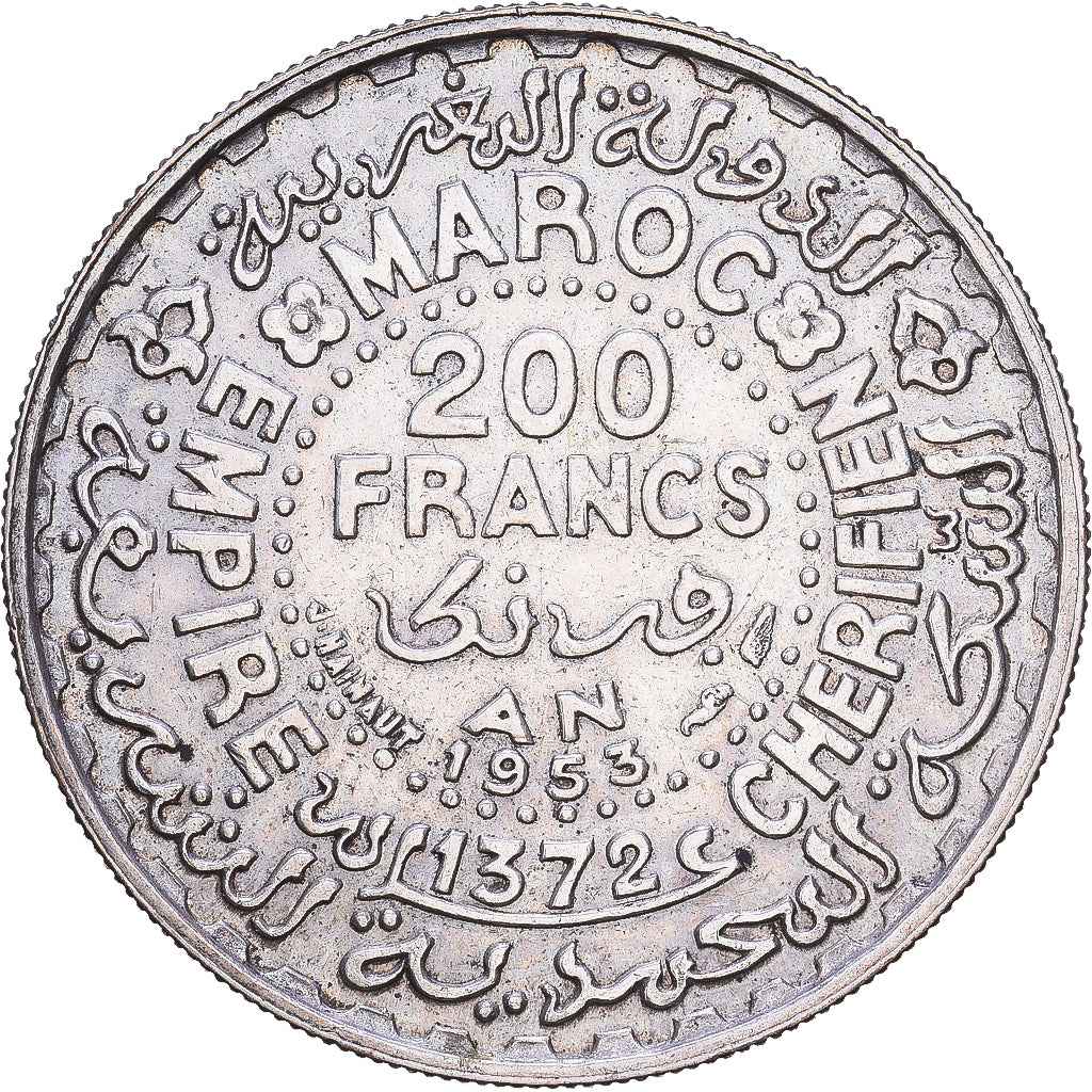 Morocco, Mohammed V, 200 Francs, AH 1372/1953, MDP, Silver, EF(40-45)
