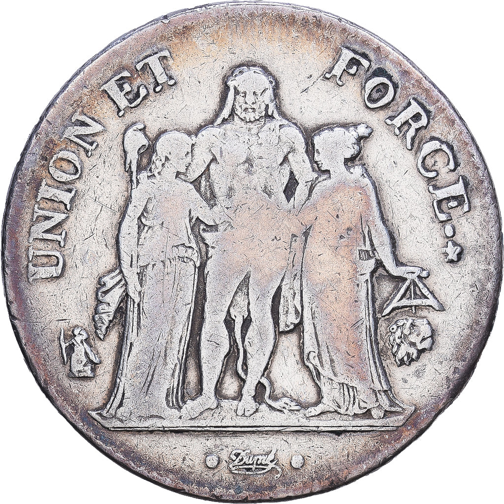 Francia, Consulat, 5 Francs, Union et Force, AN 9, Bayonne, Plata, BC+
