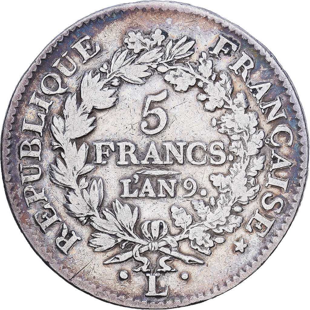 Francia, Consulat, 5 Francs, Union et Force, AN 9, Bayonne, Plata, BC+