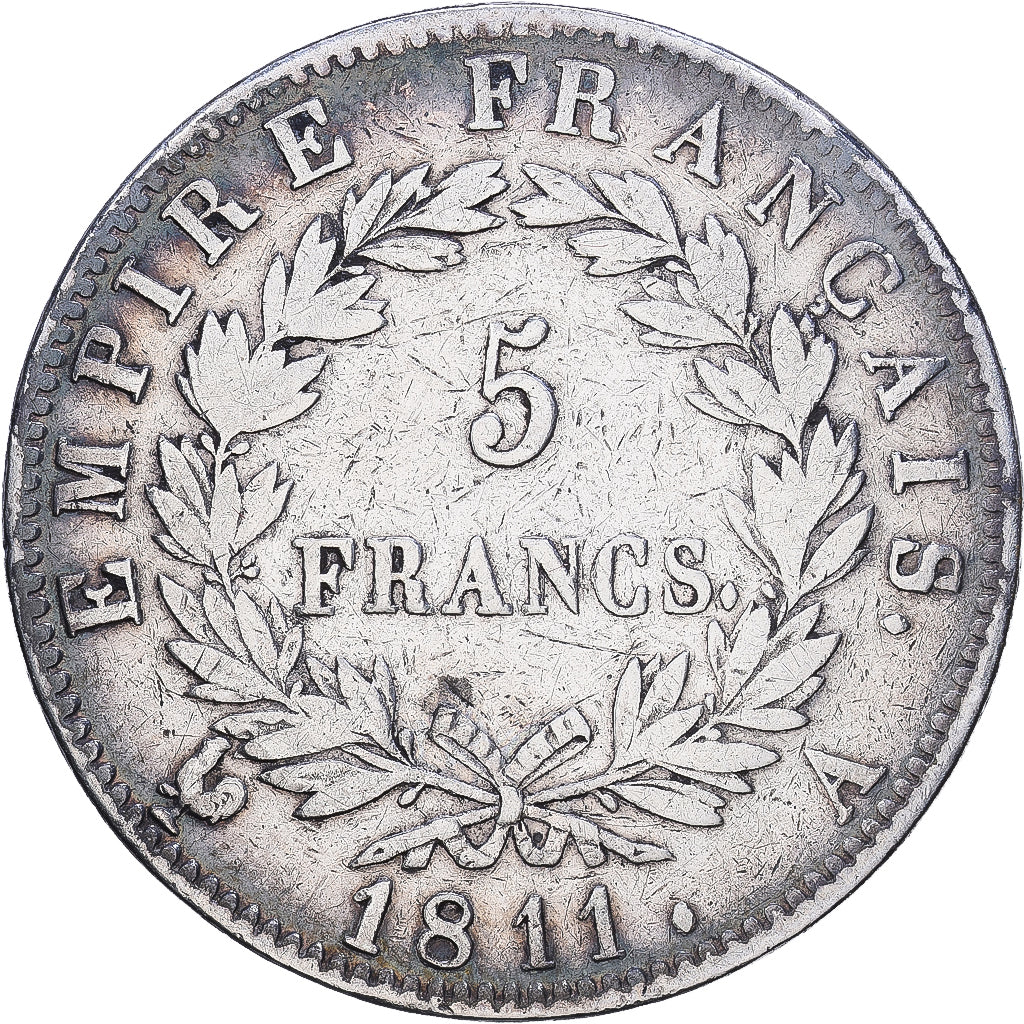 França, Napoleon I, 5 Francs, 1811, Paris, Prata, VF(30-35), Gadoury:584
