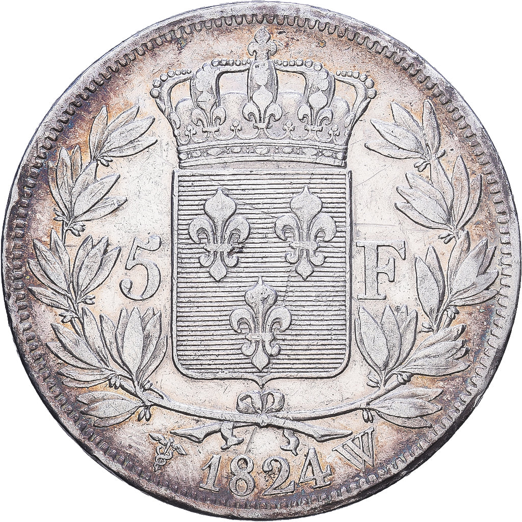 Francja, Louis XVIII, 5 Francs, 1824, Lille, Srebro, EF(40-45), Gadoury:614