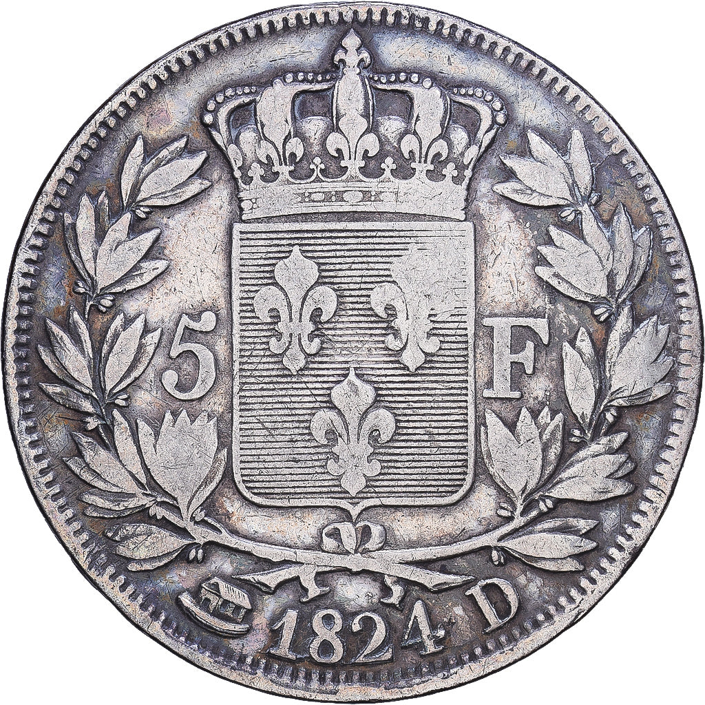 France, Louis XVIII, 5 Francs, 1824, Lyon, Silver, VF(30-35), Gadoury:614
