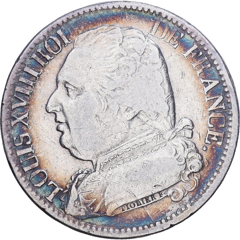 Francia, Louis XVIII, 5 Francs, 1815, Perpignan, Plata, BC+, Le Franc:F.308