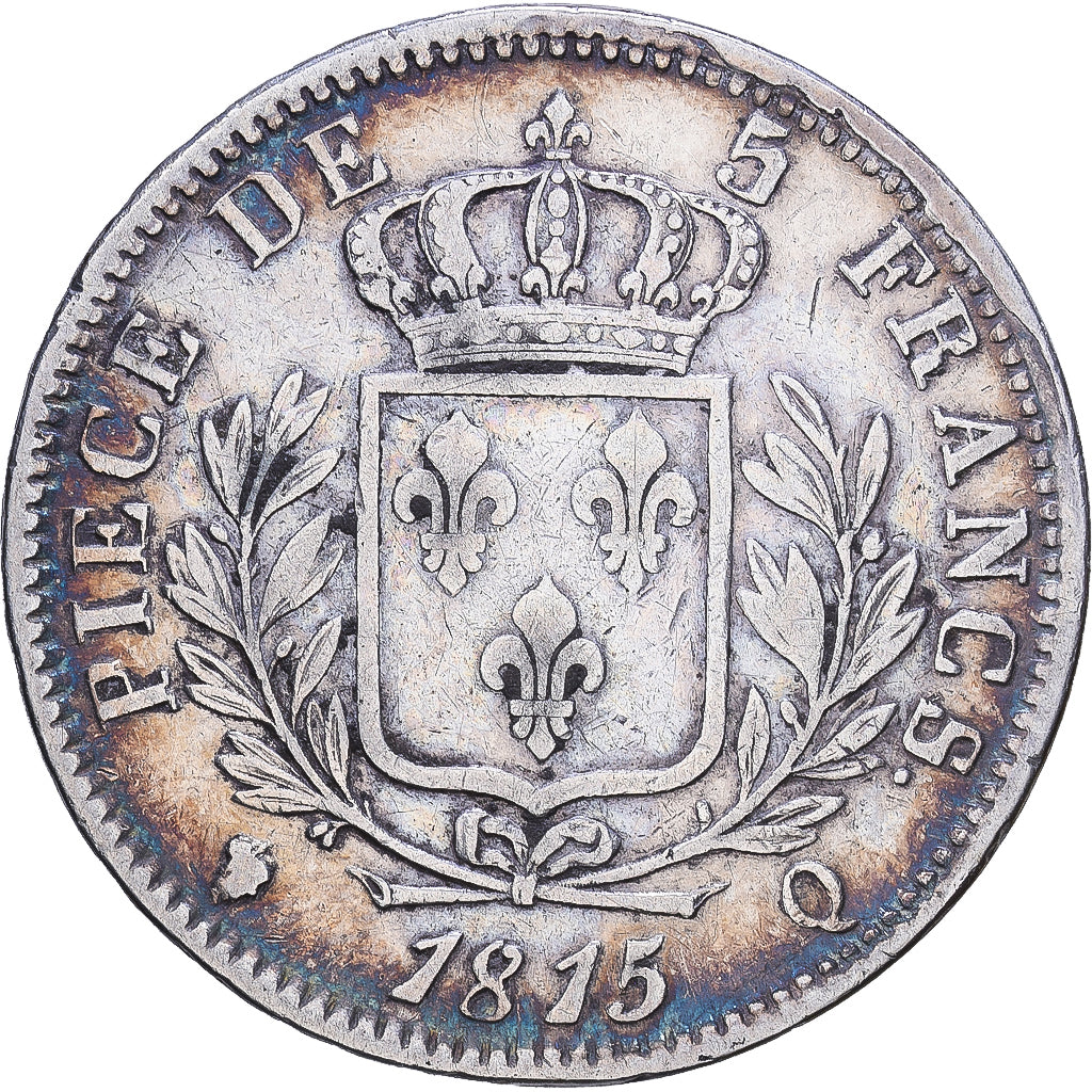 Francia, Louis XVIII, 5 Francs, 1815, Perpignan, Plata, BC+, Le Franc:F.308
