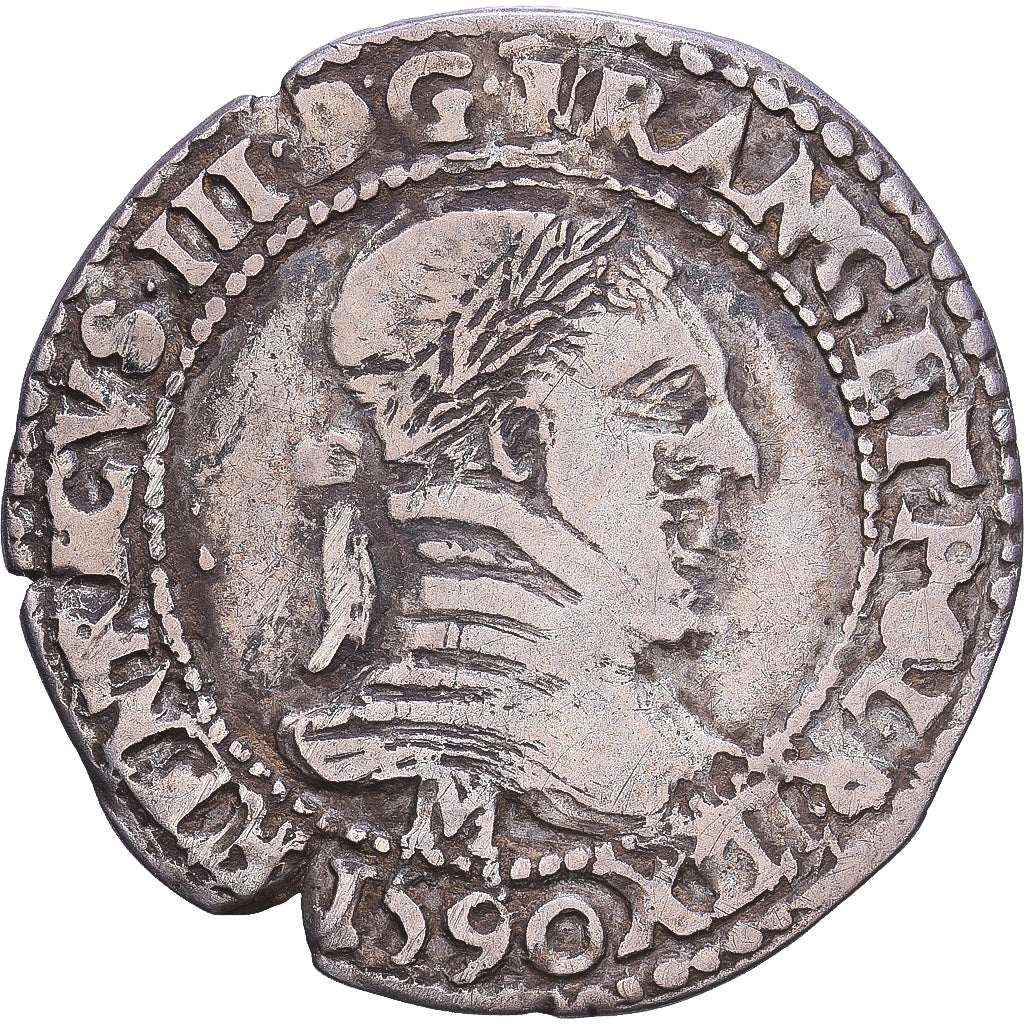 Francia, Henri III, 1/4 Franc au col plat, 1590, Toulouse, Plata, BC+