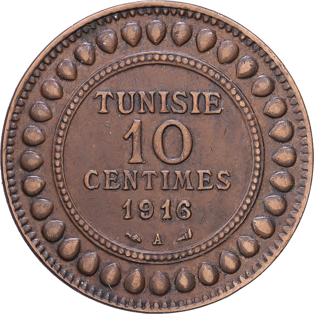 Tunisia, 10 Centimes, 1916, MDP, Brązowy, EF(40-45), KM:236