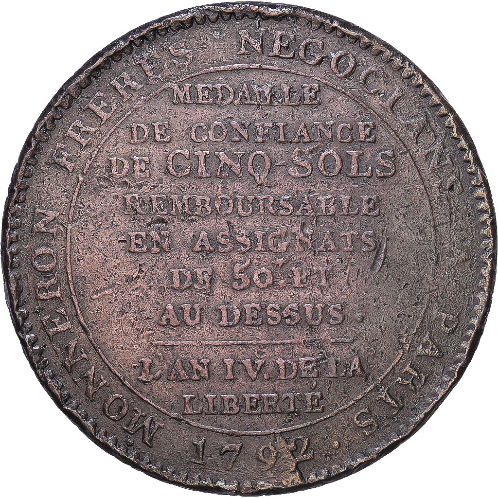 Frankrijk, Monneron de 5 Sols, 1792 / AN 4, Birmingham, Koper, FR+