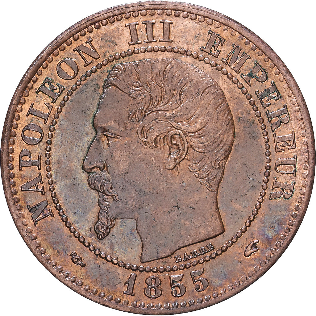 Francja, Napoleon III, 2 Centimes, 1855, Paris, Brązowy, AU(55-58), Gadoury:103