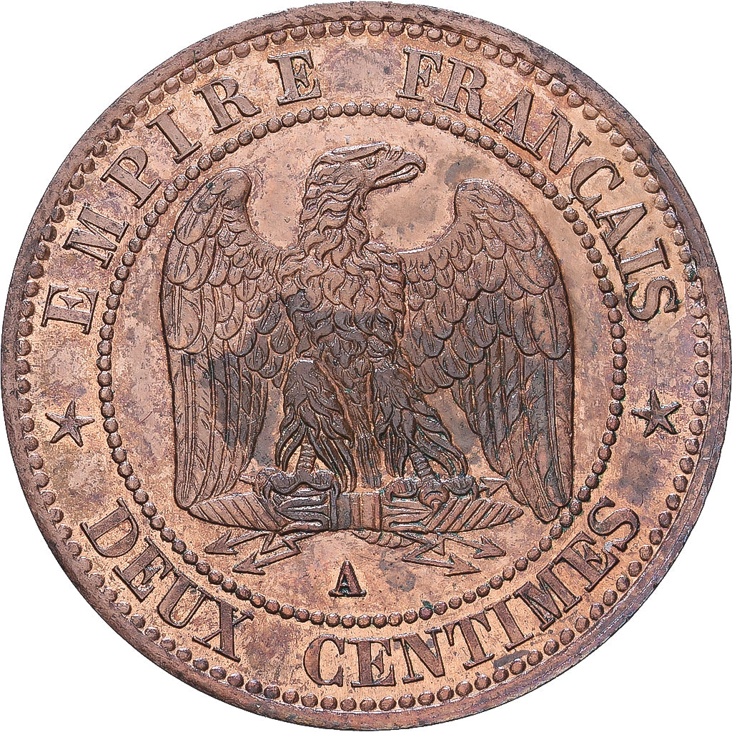 Francja, Napoleon III, 2 Centimes, 1855, Paris, Brązowy, AU(55-58), Gadoury:103