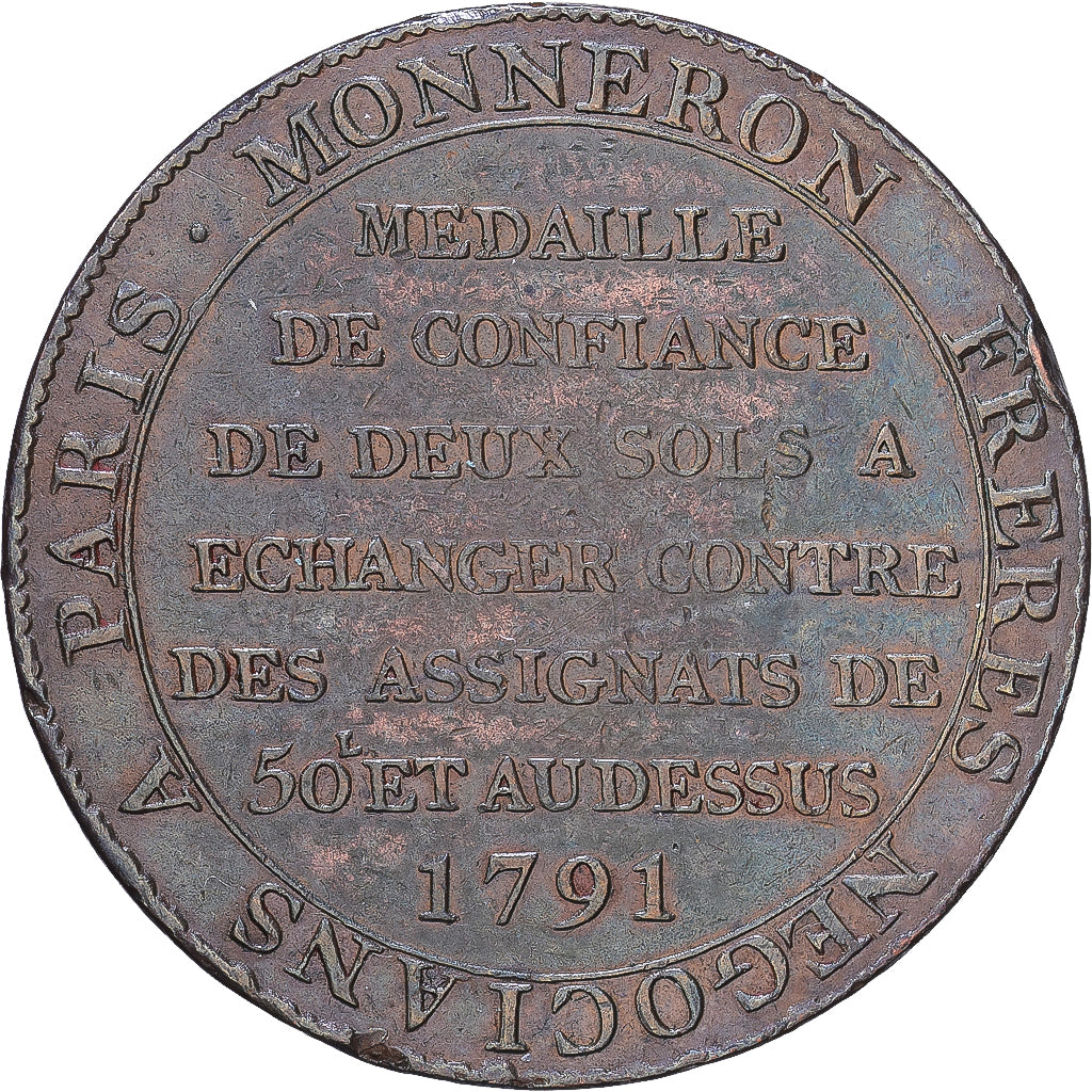 Francia, Monneron de 2 Sols, 1791 / AN 3, Birmingham, Cobre, BC+, Gadoury:103