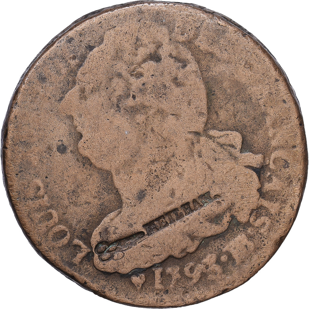 Francja, Louis XVI, 2 Sols, 1793 / AN 5, Strasbourg, Przebicie, Brązowy