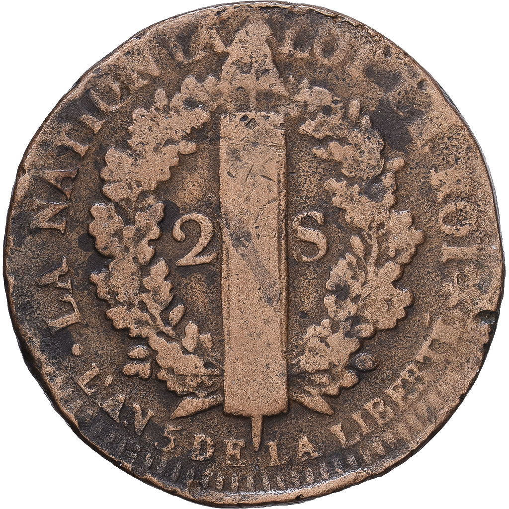 Francja, Louis XVI, 2 Sols, 1793 / AN 5, Strasbourg, Przebicie, Brązowy