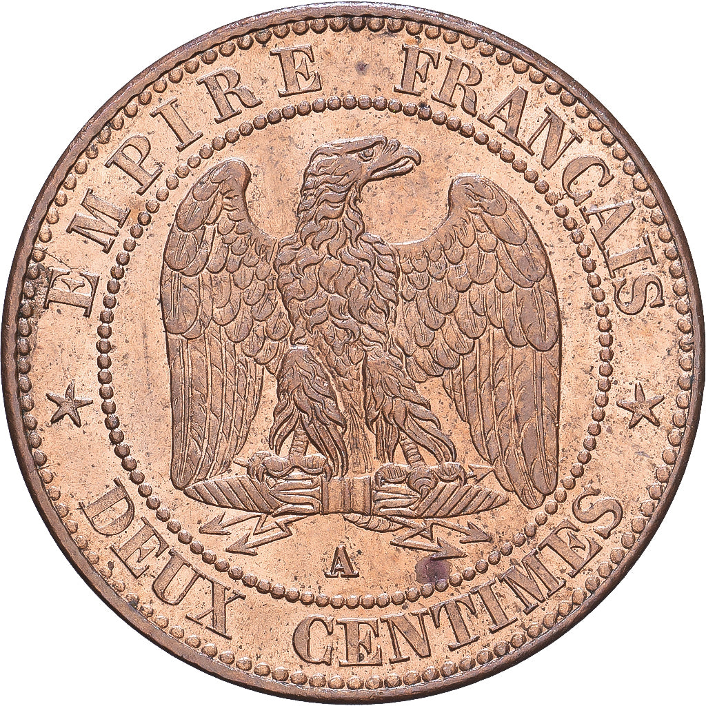 Francja, Napoleon III, 2 Centimes, 1862, Paris, Brązowy, AU(50-53), Gadoury:104