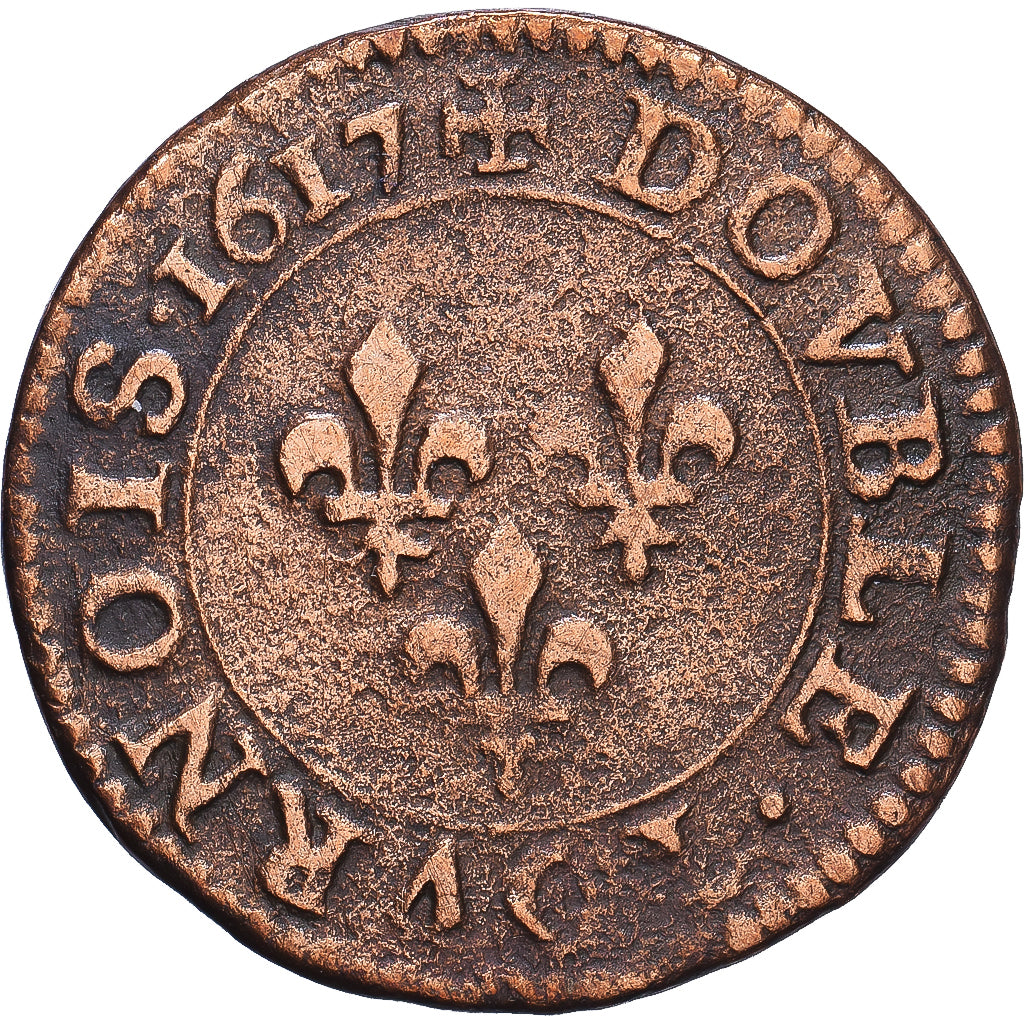 Frankreich, Louis XIII, Double Tournois, 1617, Paris, Kupfer, S, Gadoury:5