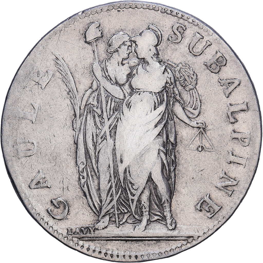 Subalpine Republic, 5 Francs, An 10, Turin, Srebro, VF(20-25), KM:4