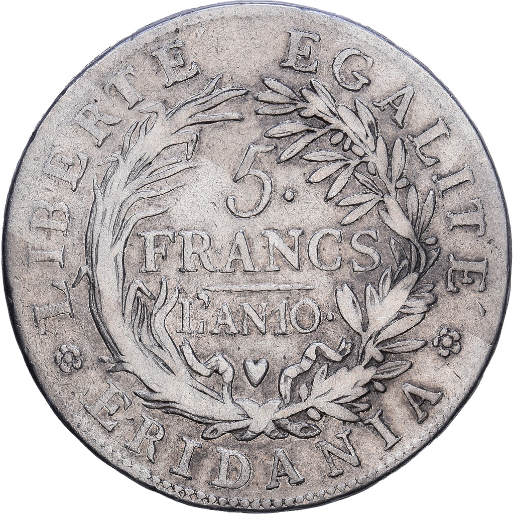 Subalpine Republic, 5 Francs, An 10, Turin, Srebro, VF(20-25), KM:4