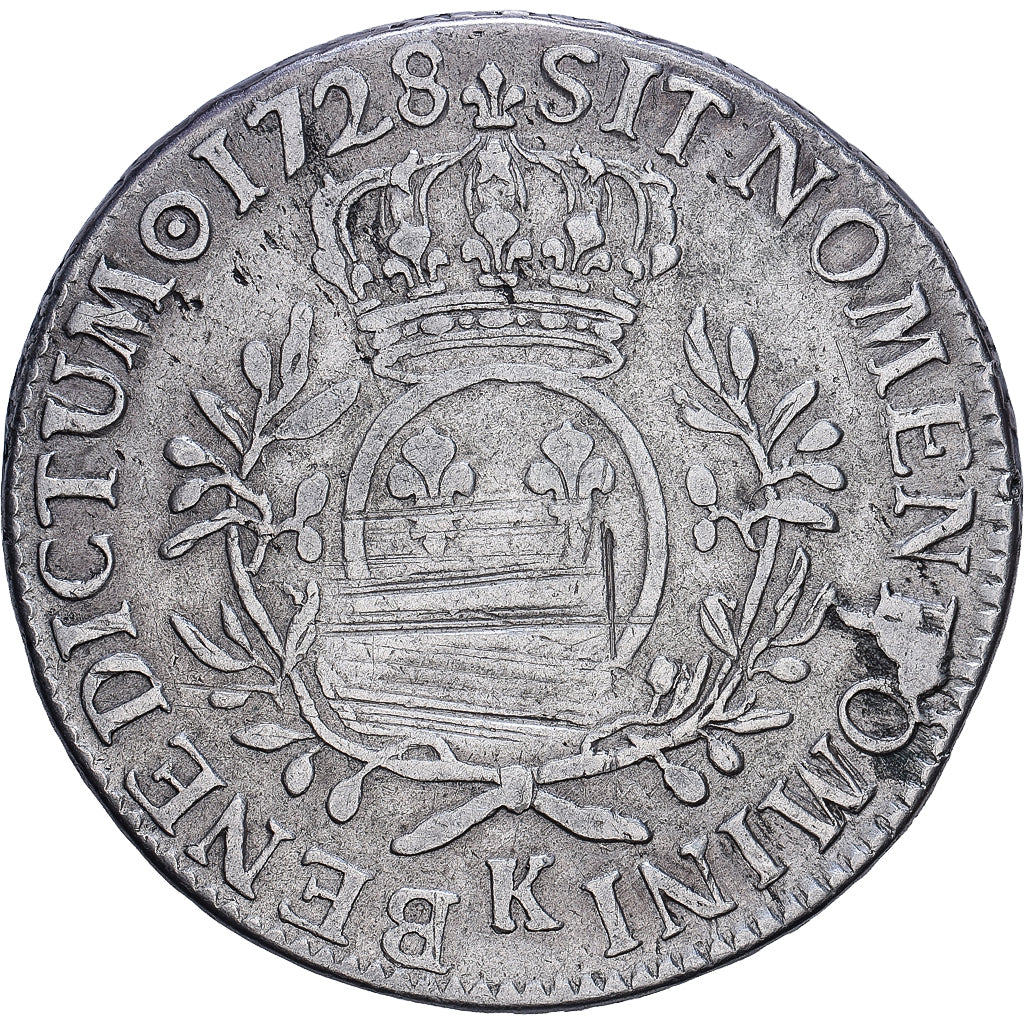 Francia, Louis XV, Ecu aux branches d'olivier, 1728, Bordeaux, Plata, BC+