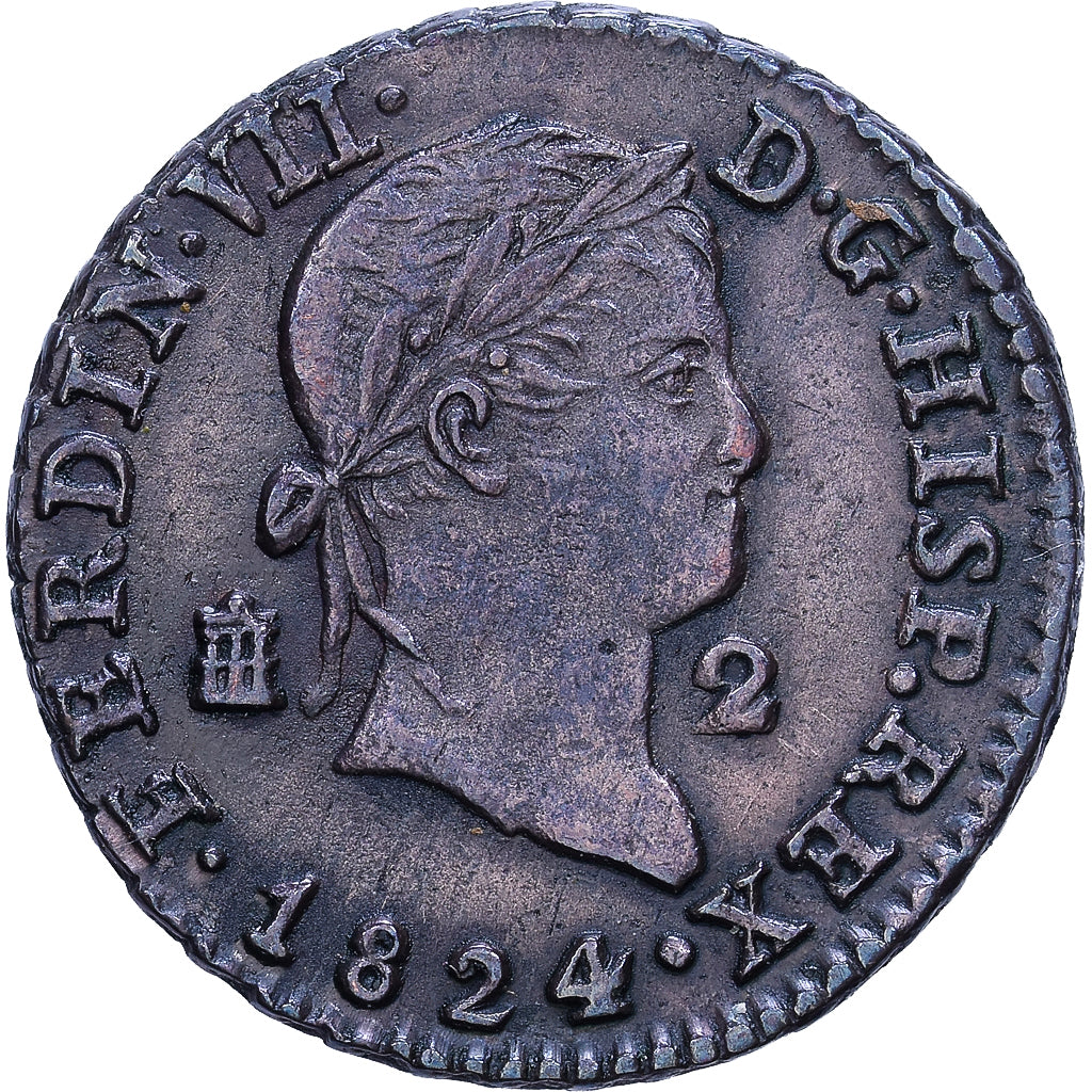 Spain, Fernando VII, 2 Maravedis, 1824, Segovia, Copper, EF(40-45), KM:487.1