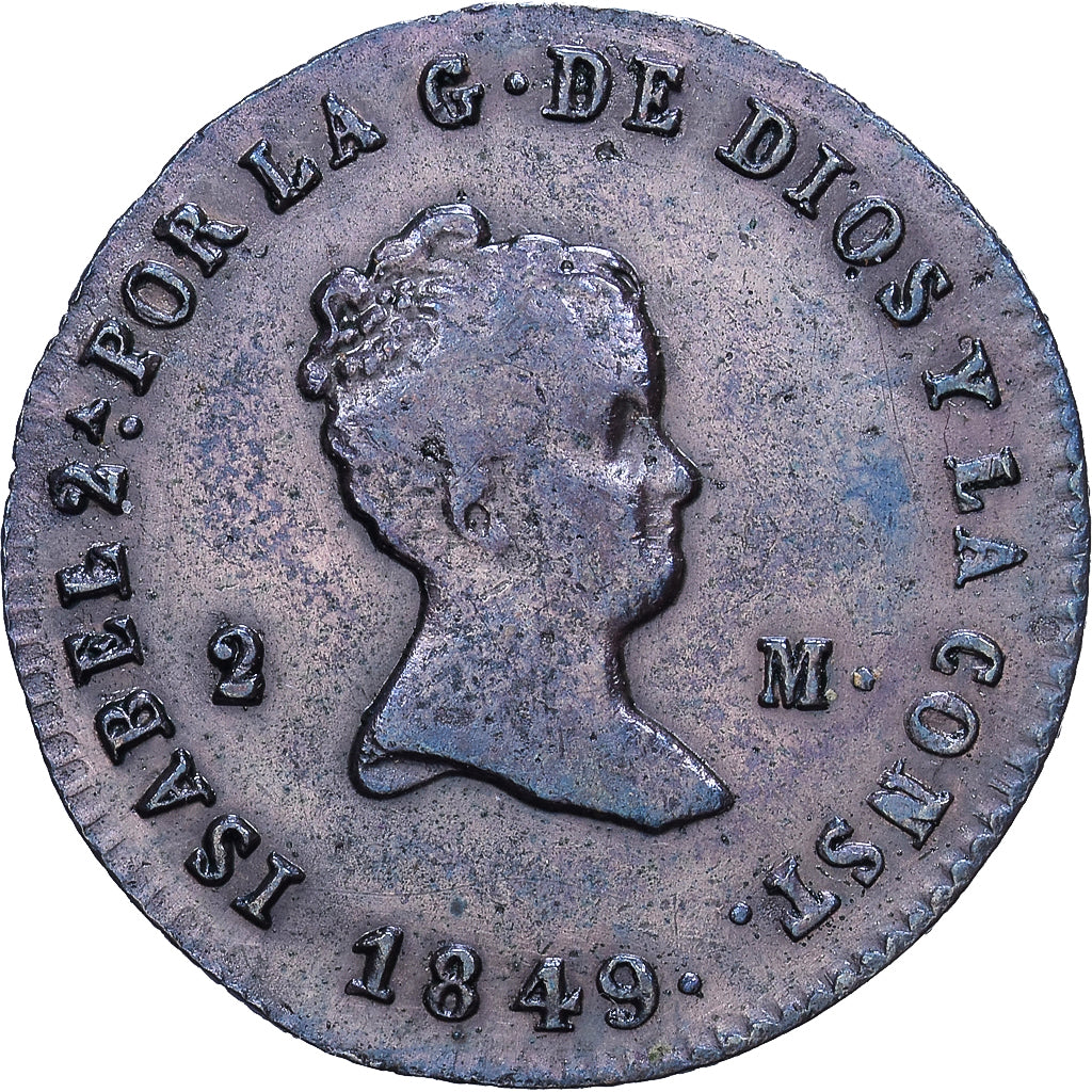 España, Isabel II, 2 Maravedis, 1849, Jubia, Cobre, MBC, KM:532.1
