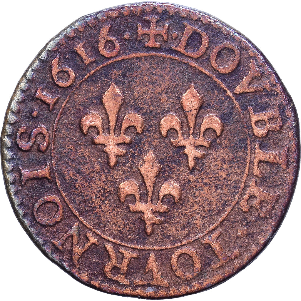 France, Louis XIII, Double Tournois, 1616, Paris, Cuivre, TB+, Gadoury:7