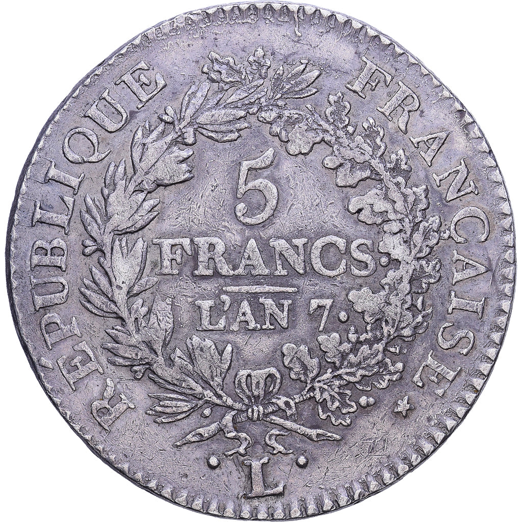 Francja, 5 Francs, Union et Force, AN 7 (1798-1799), Bayonne, Srebro, AU(50-53)