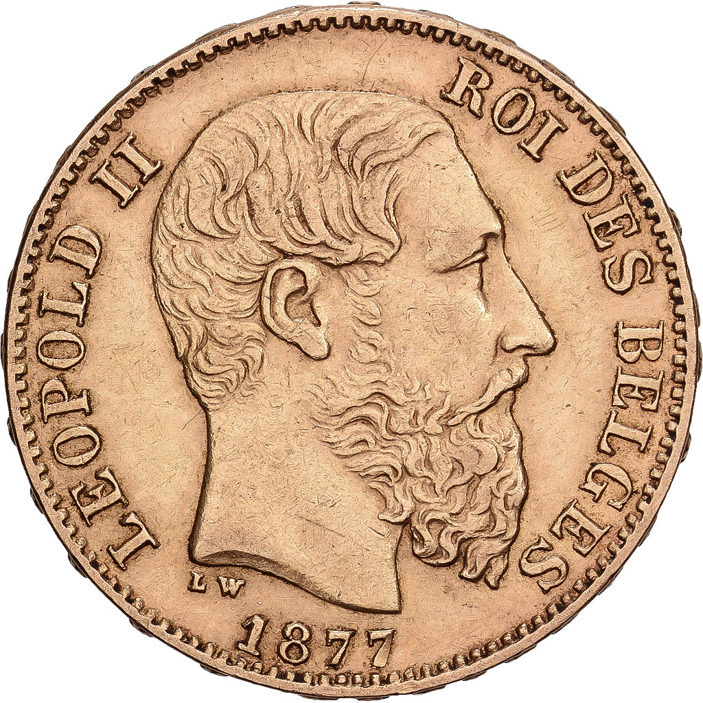 Bélgica, Leopold II, 20 Francs, 20 Frank, 1877, Brussels, Oro, MBC+, KM:37