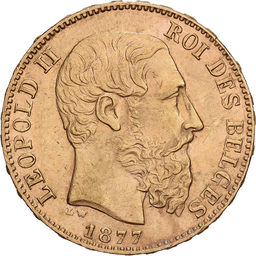 Bélgica, Leopold II, 20 Francs, 20 Frank, 1877, Brussels, Oro, EBC, KM:37