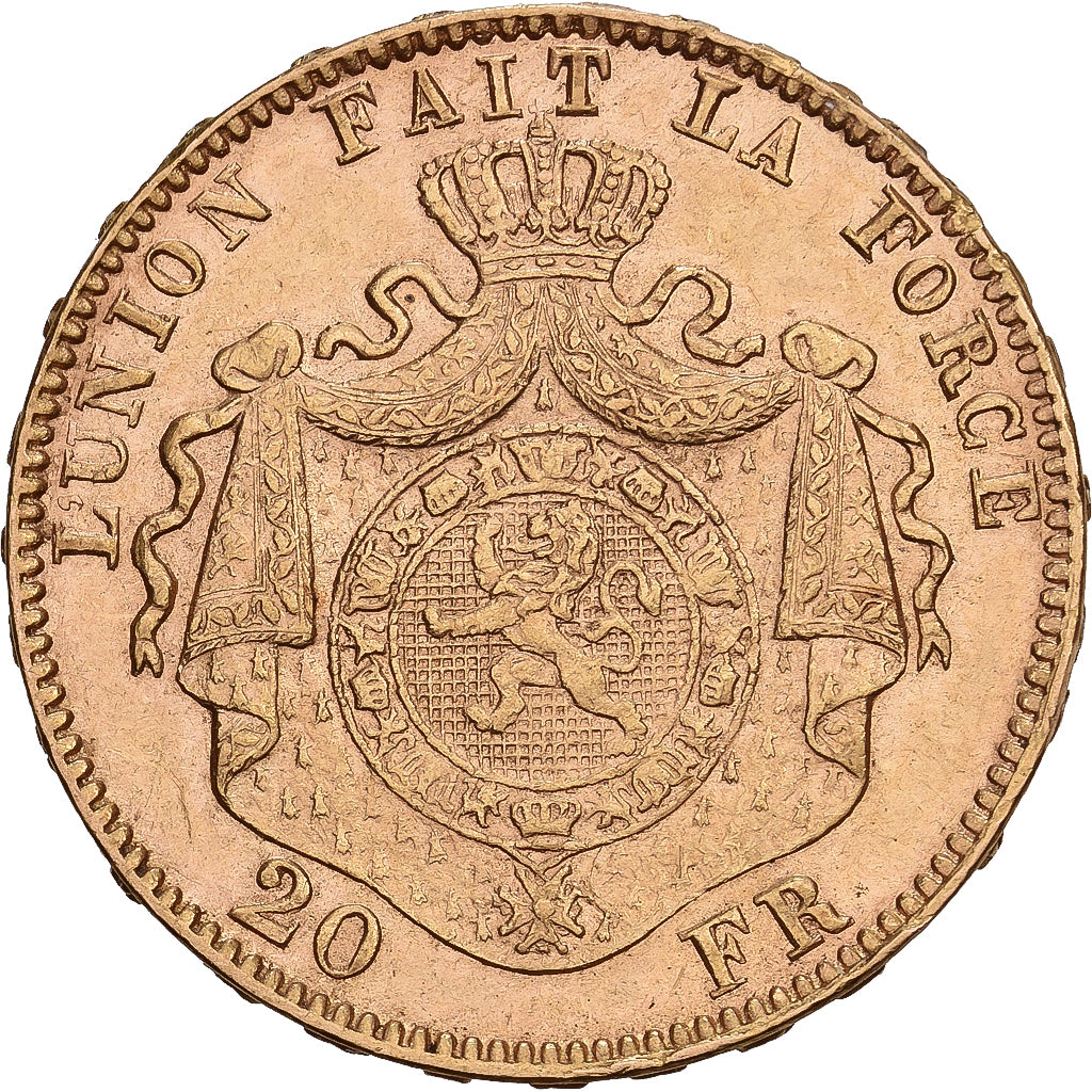 Bélgica, Leopold II, 20 Francs, 20 Frank, 1877, Brussels, Oro, EBC, KM:37