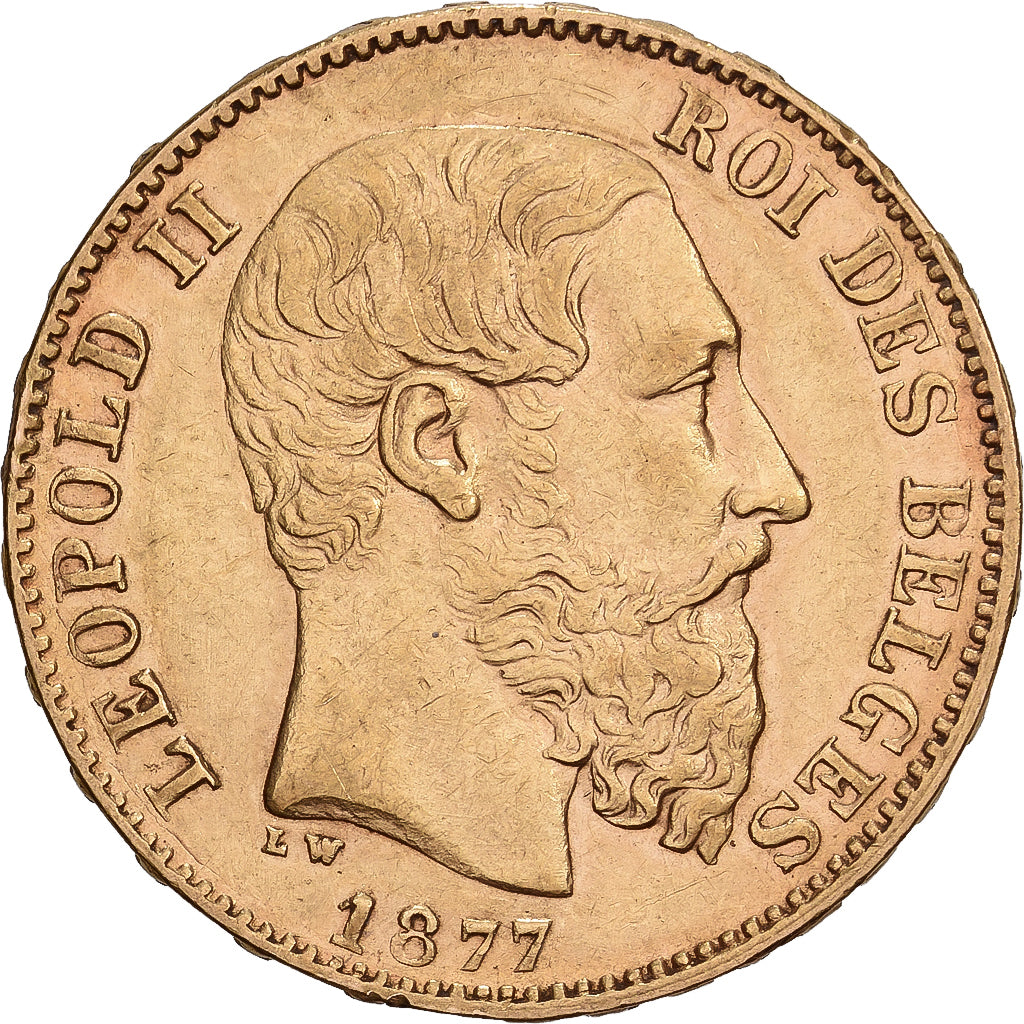 Bélgica, Leopold II, 20 Francs, 20 Frank, 1877, Brussels, Oro, EBC, KM:37
