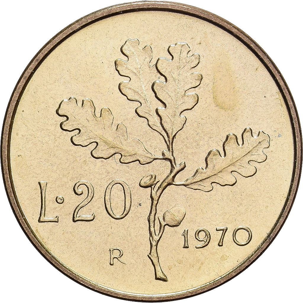 Italy, 20 Lire, 1970, Rome, Aluminum-Bronze, MS(65-70), KM:97.2