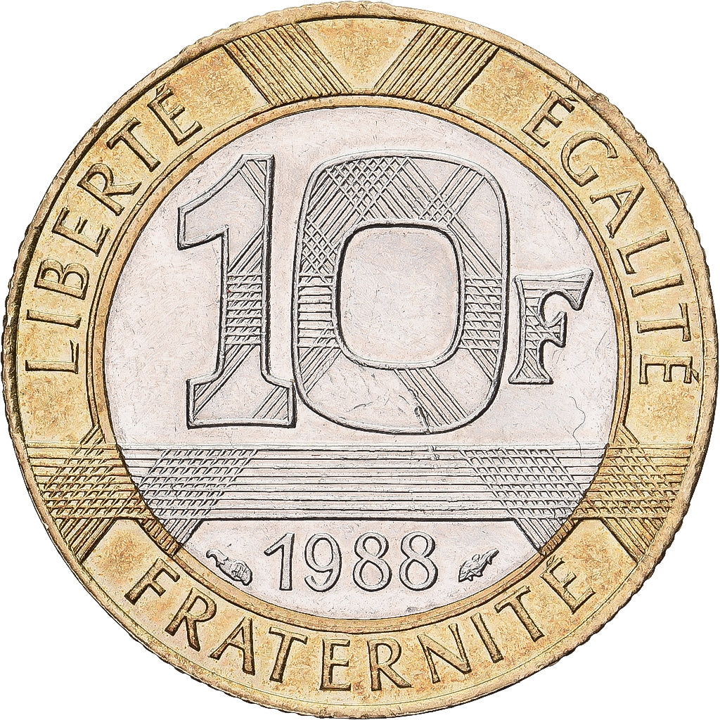França, 10 Francs, Génie, 1988, Paris, Bimetálico, AU(50-53), Gadoury:827