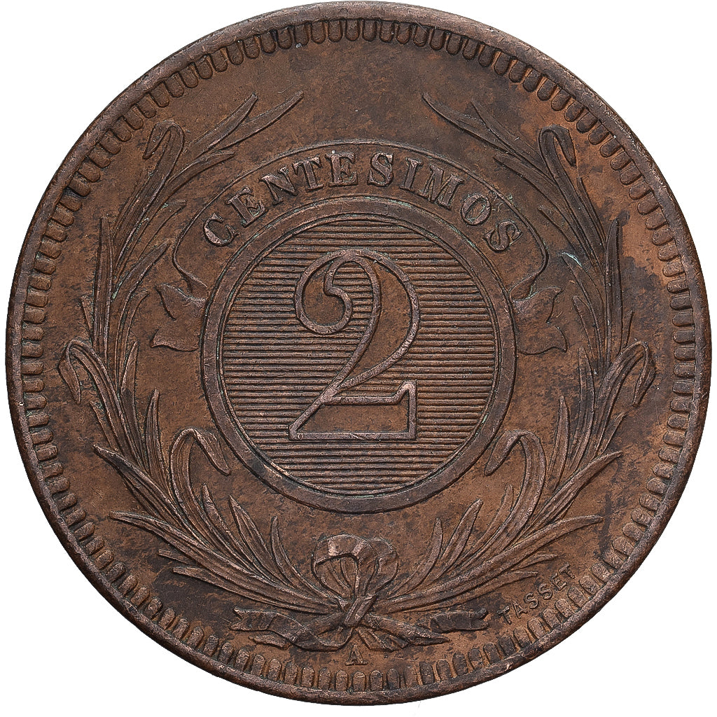 Uruguay, 2 Centesimos, 1869, Uruguay Mint, Bronze, TTB, KM:12