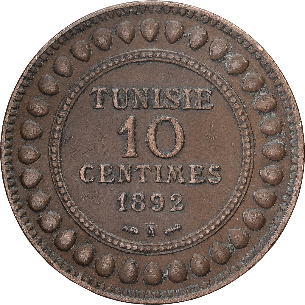 Tunisia, Ali Bey, 10 Centimes, 1892, Paris, Brązowy, EF(40-45), Lecompte:95